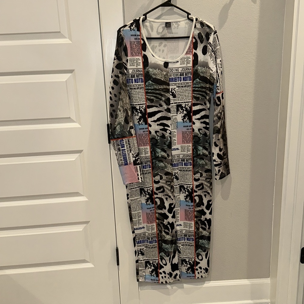 EUC B&W Newspaper Leopard Print SHEIN Brand Long Sleeve Size XL X-Large 12 Dress - Picture 7 of 9